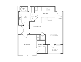 A floor plan of a house with a garage, dining room, living room, kitchen, and two bedrooms.