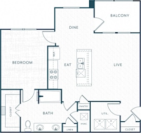 A floor plan of a house with a bedroom, bathroom, pantry, and living room.
