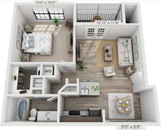 A 3D floor plan of a small apartment with a bedroom, living room, and kitchen.