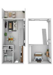 a stylized floor plan with a bedroom and a bathroom