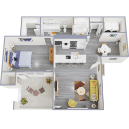 a 3d rendering of a 1 bedroom floor plan with a bathroom and a kitchen
