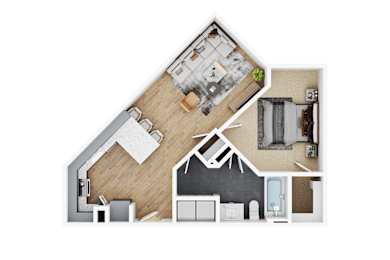 A top-down view of a house interior with a kitchen, living room, and bedrooms.