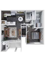 A top down view of a modern apartment with a kitchen, living room, and bathroom.