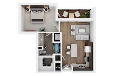 A top-down view of a modern apartment layout.