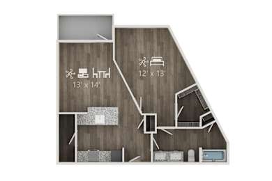 A floor plan of a house with a kitchen, living room, and two bedrooms.