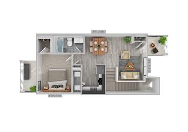 A 3D floor plan of a house with a kitchen, living room, and two bedrooms.