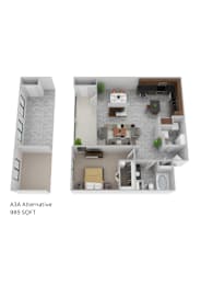 A3A Alternative 985 SQFT floor plan showing a living room, kitchen, and bathroom.