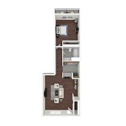 A top-down view of a small apartment with a kitchen, living room, and bathroom.