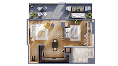 A top-down view of a living space with a kitchen, dining area, and a bedroom.