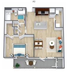 A 3D floor plan of an apartment layout.