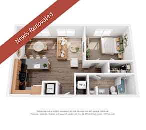 A 3D floor plan of a newly renovated apartment.
