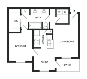 A floor plan of a house with a living room, dining area, kitchen, and bedrooms.