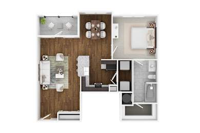A floor plan of a small apartment with a kitchen, living room, and bathroom.