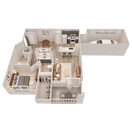 A 3D floor plan of a house showing a living room, kitchen, and two bedrooms.