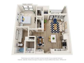 A 3D floor plan of a small apartment with a kitchen, living room, and bedroom.