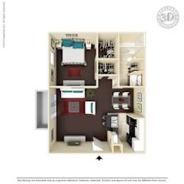 A 3D floor plan of a small apartment with a bedroom, living room, and kitchen.