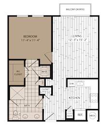 A floor plan of a house with a bedroom, bathroom, closet, kitchen, pantry, and a balcony or patio.