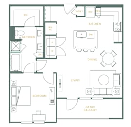 A floor plan of a small apartment with a kitchen, living room, and bathroom.