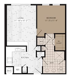 A floor plan of a small apartment with a living room, kitchen, bathroom, and bedroom.