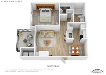 A 3D floor plan of a 1 bedroom apartment with a bathroom and a living room.