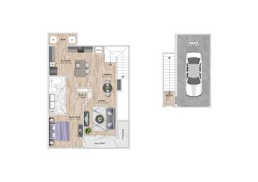 A floor plan of a house with a garage on the side.