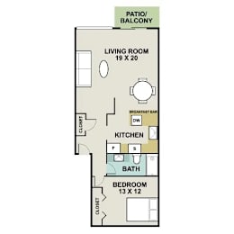 A floor plan of a home with a living room, kitchen, bath, and bedroom.