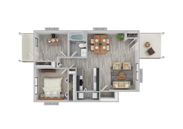 A floor plan of a small apartment with a kitchen, living room, and bathroom.