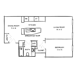 A floor plan of a house with a dining room, kitchen, living room, and bedroom.