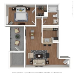 a stylized floor plan with a bedroom and living room