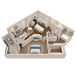 A 3D floor plan of a house with a living room, kitchen, dining room, and bathroom.