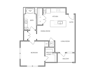 A floor plan of a house with a garage, kitchen, dining room, living room, bedroom, and balcony.