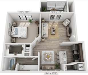 A 9'4" x 10'0" floor plan of a small apartment with a bedroom, living room, kitchen, and bathroom.