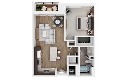 A top-down view of a modern apartment layout with a living room, kitchen, and bedroom.
