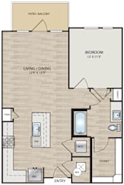 A floor plan of an apartment with a living room, dining room, bedroom, and closet.