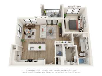 A 3D floor plan of a two-bedroom apartment with a living room, kitchen, and bathroom.