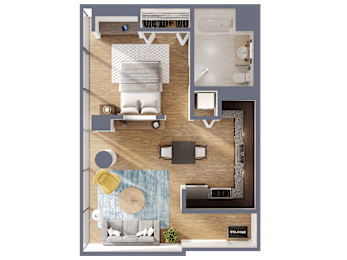 A top-down view of a small apartment with a bedroom, living room, kitchen, and bathroom.