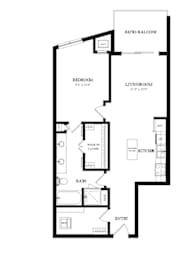 A black and white image of a floor plan for a home with a patio balcony, bedroom, living room, kitchen, bathroom, and entry.