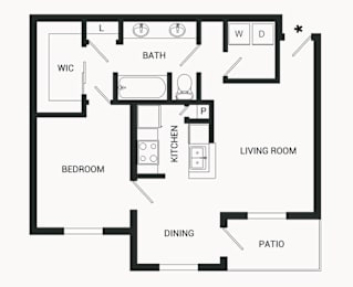 A floor plan of a house with a living room, dining area, kitchen, and bedroom.