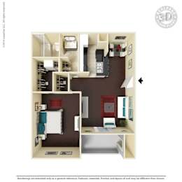 A 3D floor plan of a small apartment with a kitchen, living room, and bathroom.