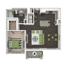 A 3D floor plan of a house with a living room, kitchen, and bathroom.