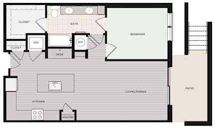 A floor plan of a house with a living room, dining room, kitchen, pantry, two bedrooms, a bathroom, and a closet.