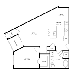 A black and white image of a house floor plan with a living room, dining room, kitchen, bedroom, bathroom, and pantry.