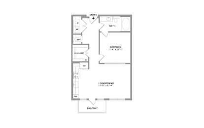 A floor plan of a small apartment with a bedroom, bathroom, living room, and balcony.
