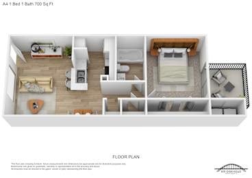 A 4 bedroom apartment with 1 bathroom and a total area of 700 square feet.