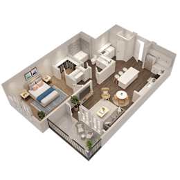 A 3D image of a house layout with a bedroom, living room, kitchen, and bathroom.