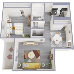 a 3d rendering of our 1 bedroom apartment at princeton court apartments in dallas