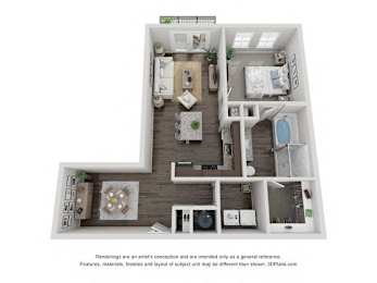 A 3D floor plan of a small apartment with a kitchen, living room, and bedrooms.