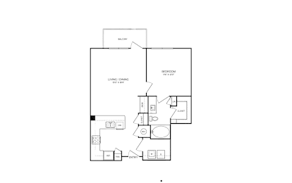 A floor plan of a small apartment with a bedroom, living room, and kitchen.