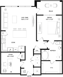 A floor plan of a house with labeled rooms such as RELAX, DREAM, and COOK.