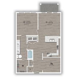 A floor plan of a small apartment with a kitchen, bathroom, and bedroom.